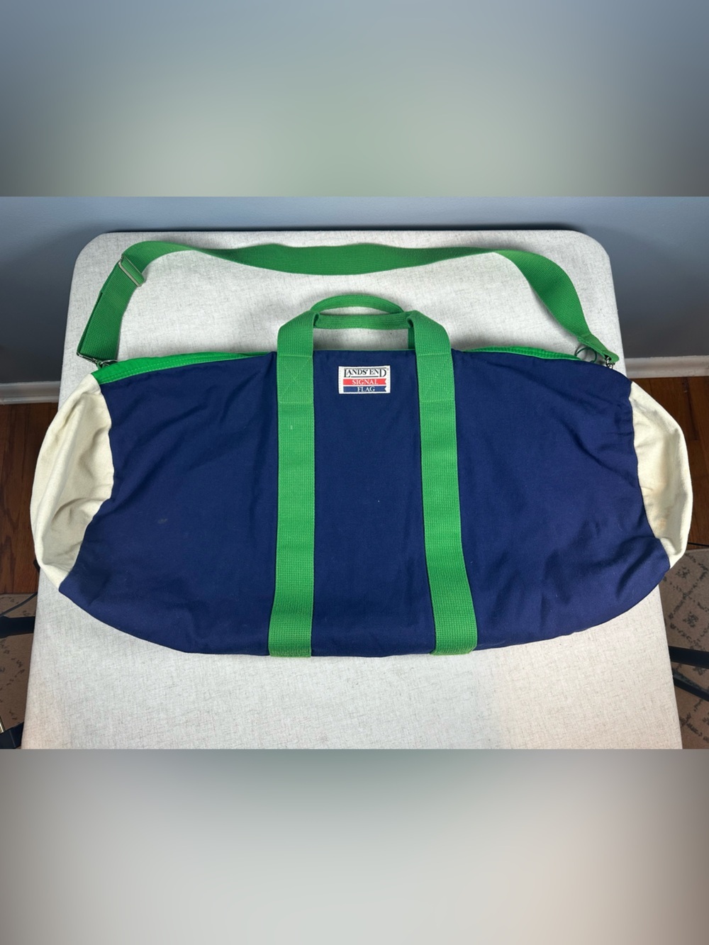 Lands End Navy Green Canvas Large Weekend Duffel Bag